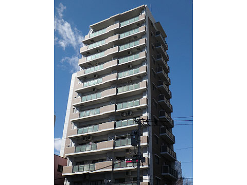 現地外観写真　チャコールグレー系のタイル貼りのマンション外観