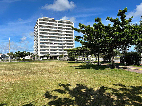 現地外観写真　リバーフロント建物外観　にじ公園から２